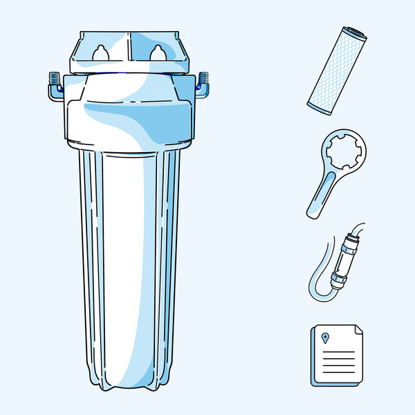 An illustration of the Hydroviv Refrigerator/Ice Maker Water Filter and its included parts. 