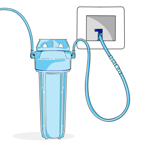 An illustration of the Hydroviv drinking water filter installed to a water valve on the wall. 