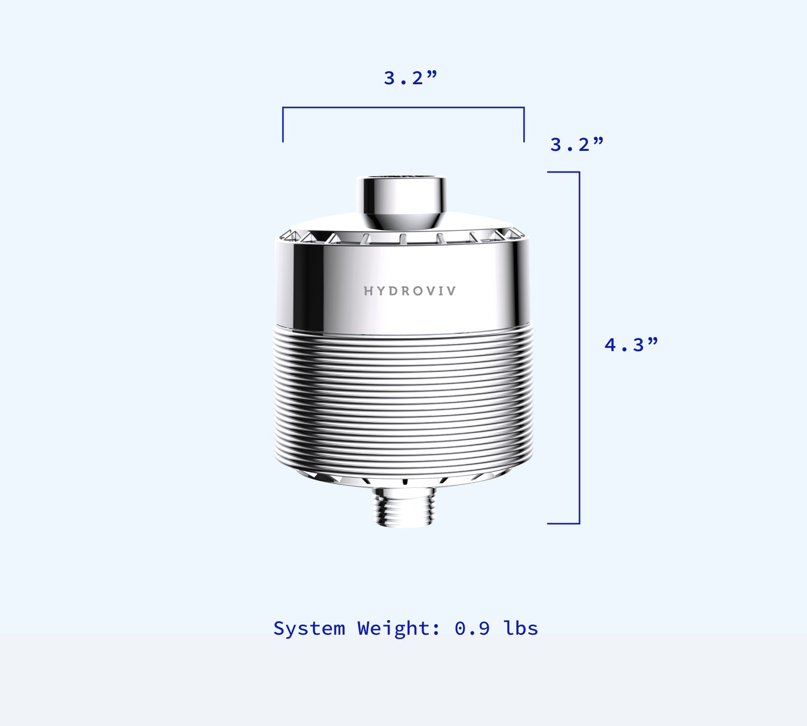 A graphic showcasing the dimensions of Hydroviv's In-Line Shower Water Filter (4.3 inches by 3.2 inches). The system weight is also displayed (0.9 pounds). It's superimposed on a soft grey background.