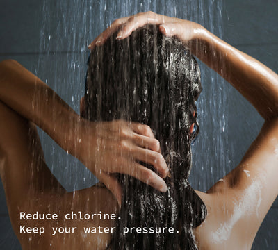 A photo of someone, shoulders and up, showering under a healthy stream of water. The text reads, 