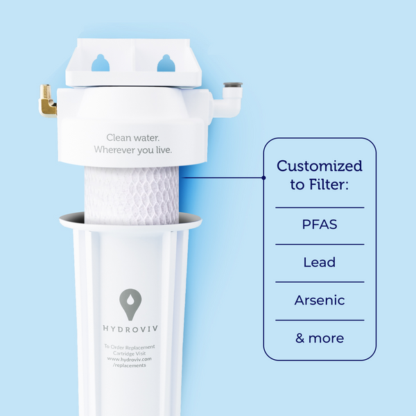 A Hydroviv Under Sink Water Filter appears next to the contaminants it filters: PFAS, lead, arsenic, and more. 