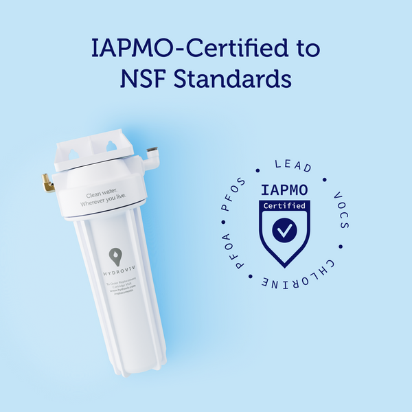 A Hydroviv Under Sink Water Filter appears next to an IAPMO certification badge and reads 'IAPMO certified to NSF Standards.'